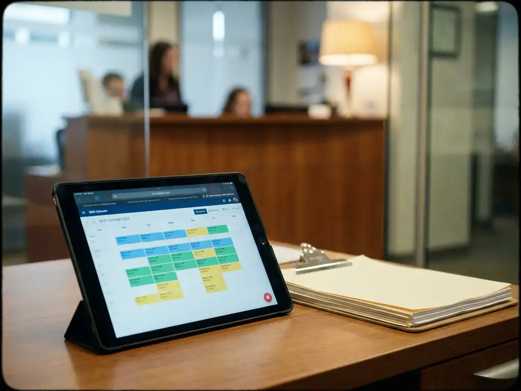 Tablet met kleurgecodeerd digitaal rooster op bureaublad, hotelreceptie zichtbaar op achtergrond, stapel personeelsdocumenten ernaast.
