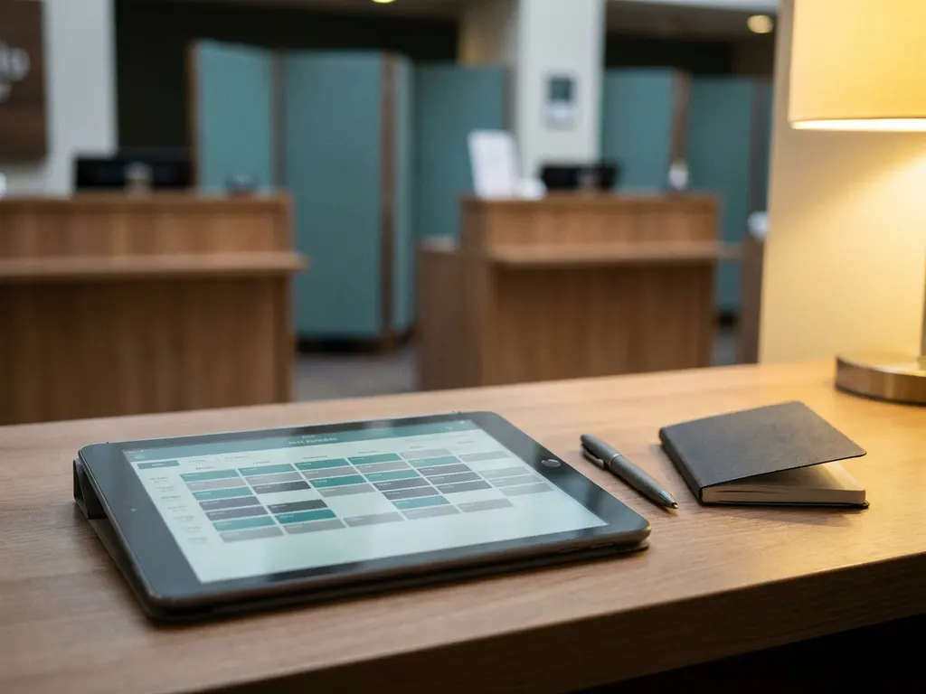 Tablet met kleurgecodeerd digitaal dienstroooster op bureautje, met hotelreceptie op de achtergrond.