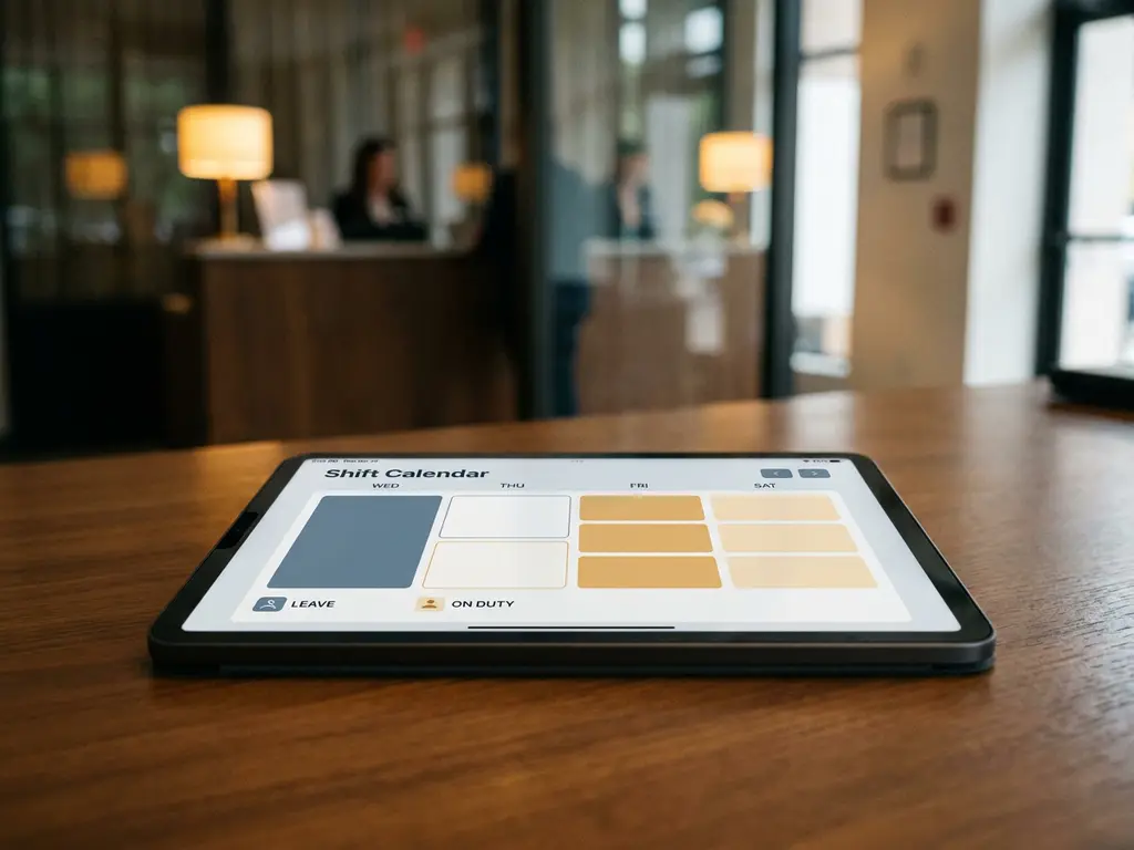 Tablet met digitale dienstroosters en verlofmarkeringen op een back-office bureau, met een hotelreceptie op de achtergrond.