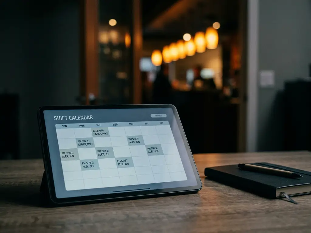 Tablet met digitaal dienstroooster op een donker restaurantbureau, notitieboek en pen ernaast, warme achtergrondverlichting.