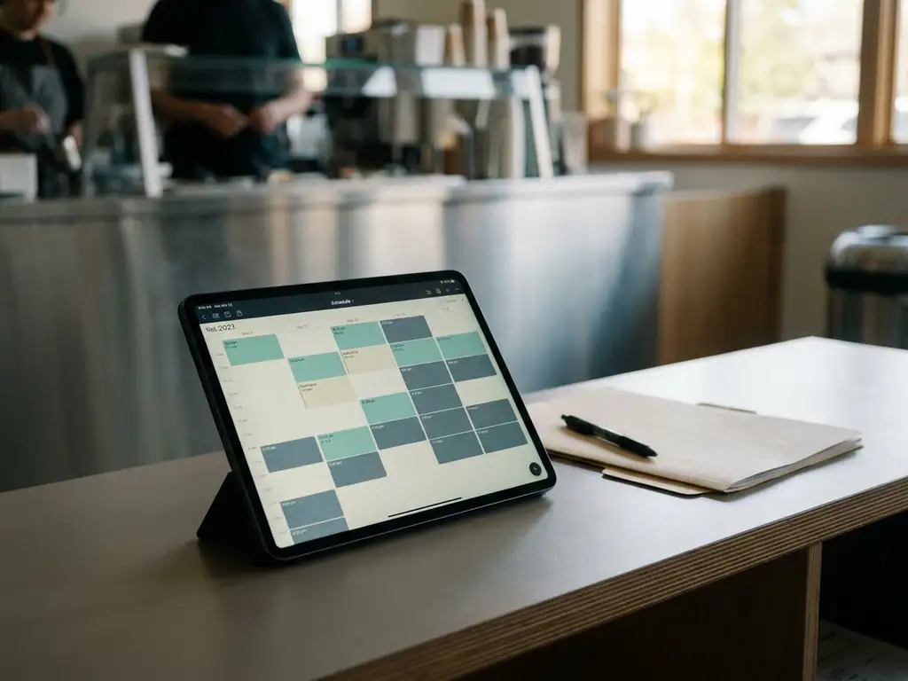 Tablet met kleurgecodeerd digitaal dienstroooster op kantoorbureau, personeelsmap en pen op de voorgrond, restaurantbalie op de achtergrond.