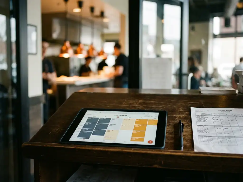 Tablet met kleurgecodeerd digitaal dienstroooster op houten bureau, pen en papieren rooster ernaast, restaurantomgeving op de achtergrond.