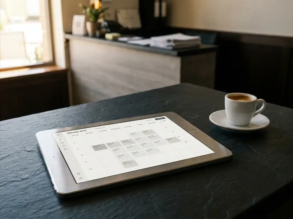 Tablet met digitaal dienstroooster op een donker restaurantbureau, espressokopje ernaast, hotelreceptie zichtbaar op de achtergrond.