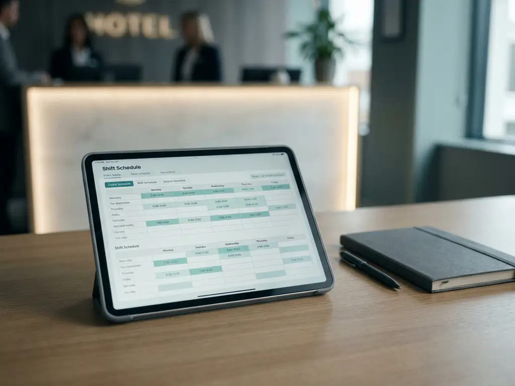 Tablet met digitaal dienstroooster op een modern hotelkantoor, met notitieboek en pen ernaast en een vage receptiebalie op de achtergrond.