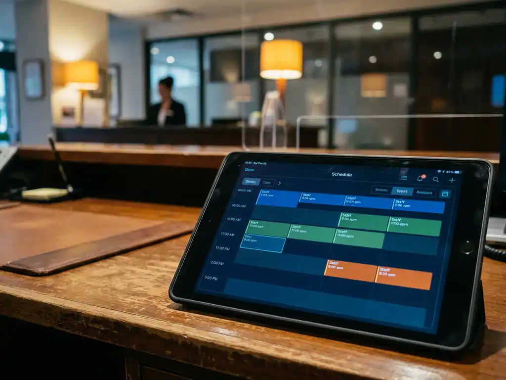 Tablet met kleurgecodeerd digitaal dienstroooster op hotelkantoor, onscherpe receptie met warme amber verlichting op achtergrond.