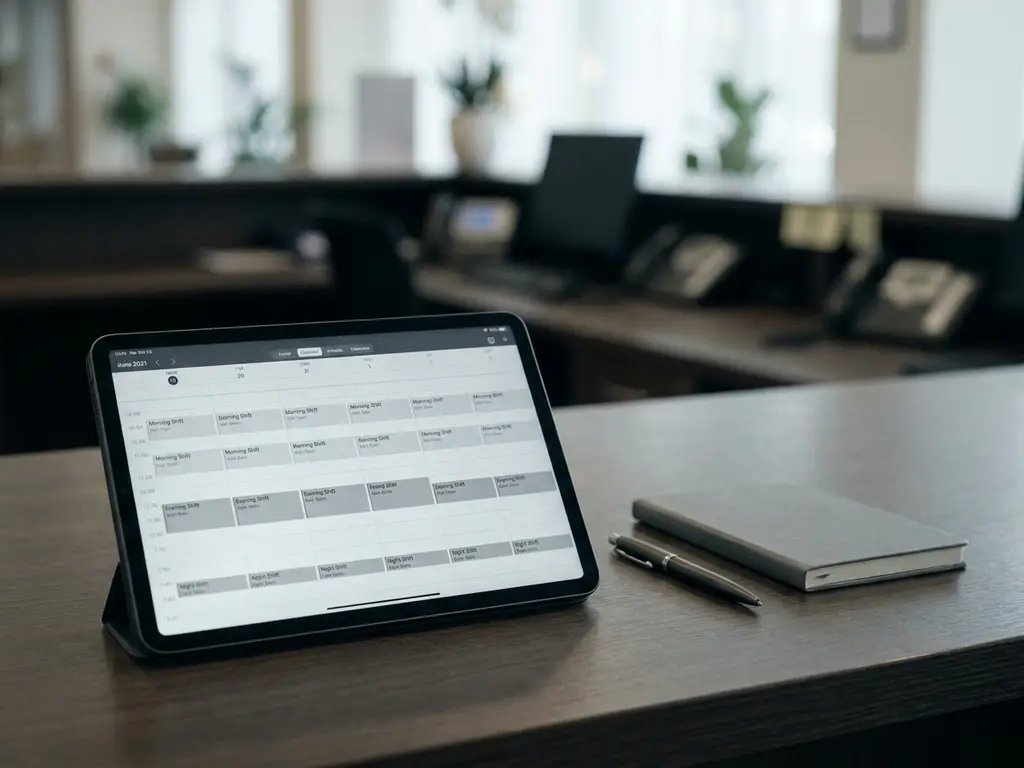 Tablet met digitaal dienstroooster op donker bureau, pen en notitieboekje ernaast, hotelreceptie zichtbaar op achtergrond.