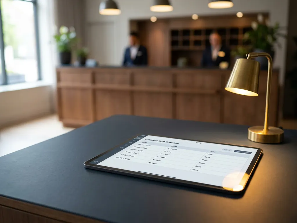 Tablet met digitaal dienstroooster op een donker bureau, met een hotelreceptie op de achtergrond.
