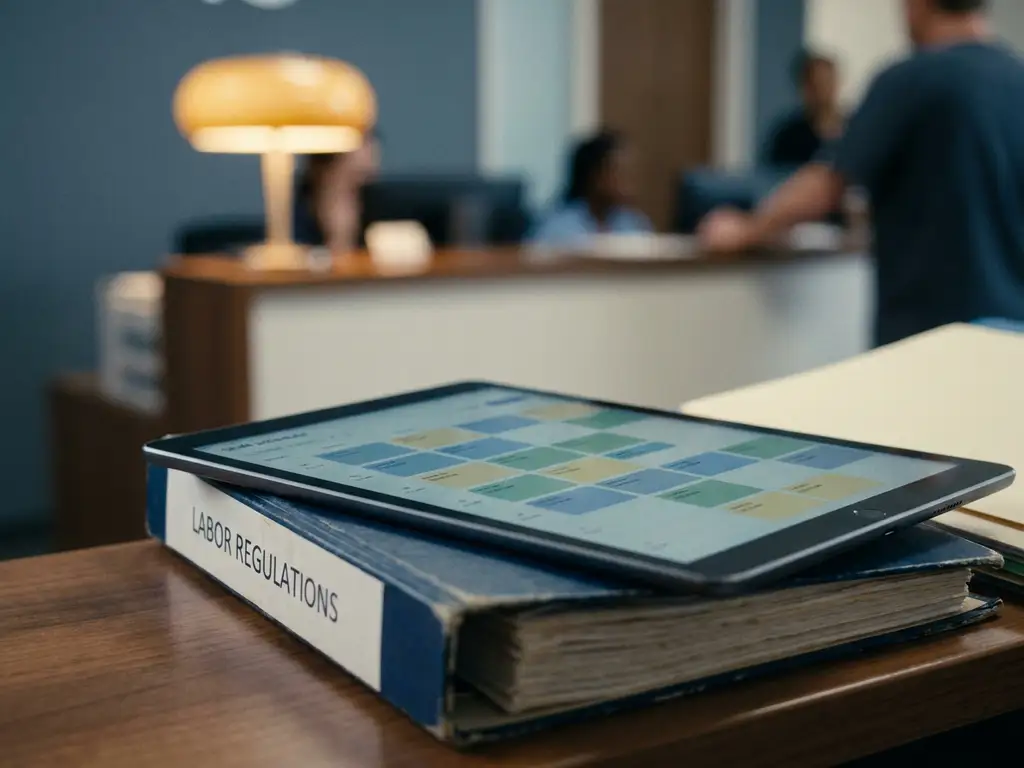 Tablet met digitaal kleurgecodeerd dienstroooster op kantoorbureau, arbeidswetgeving map eronder, hotelreceptie op de achtergrond.