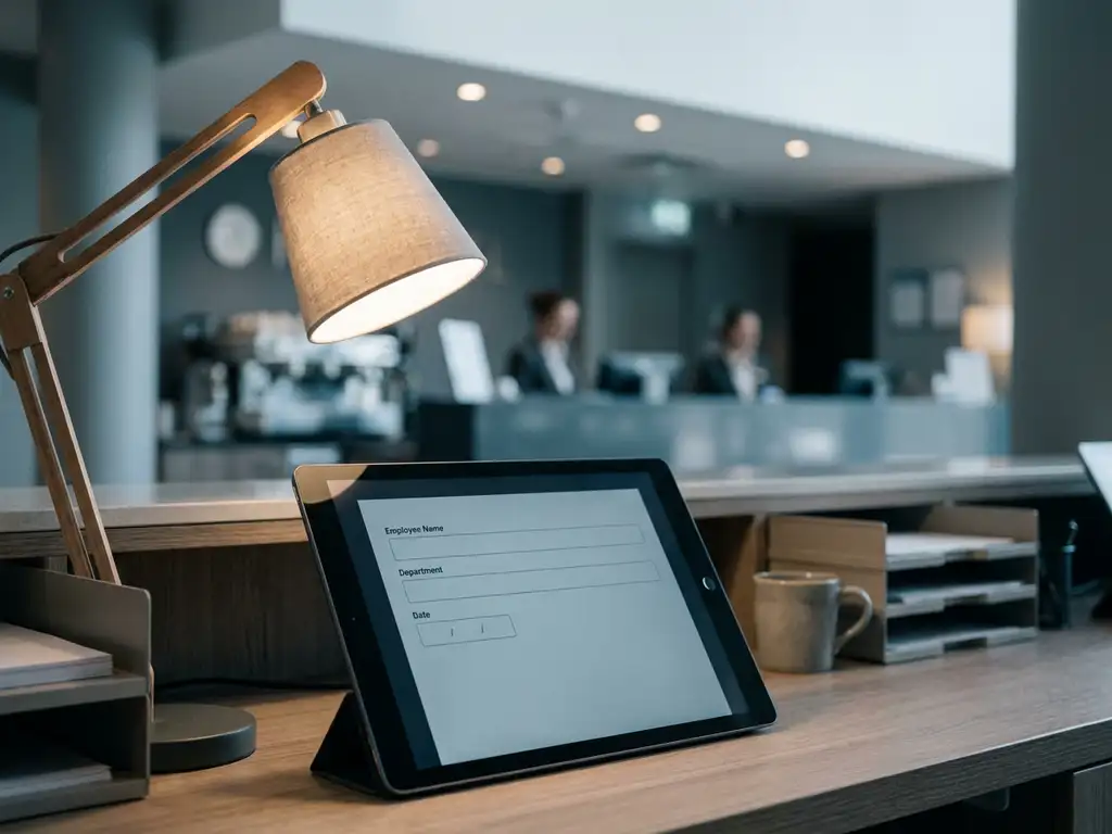 Tablet met digitaal formulier op bureau in hotelkantoor, met vage receptie op achtergrond en warme bureaulamp.