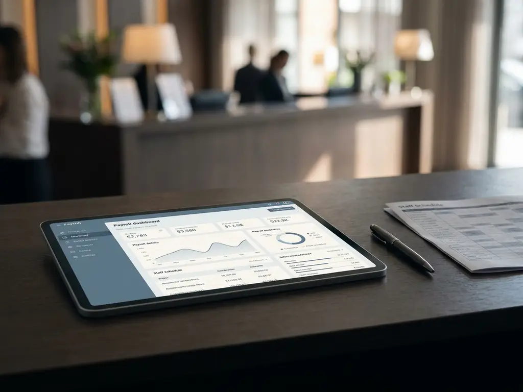 Tablet met digitaal payroll-dashboard op een donker bureau, met een pen en personeelsrooster ernaast en een hotelreceptie op de achtergrond.