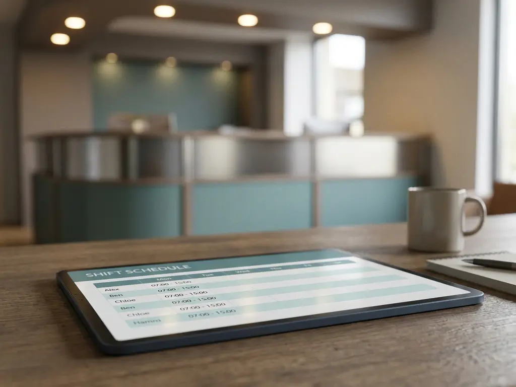 Tablet met digitaal dienstroooster op modern back-office bureau, hotelreceptie zichtbaar op de achtergrond.