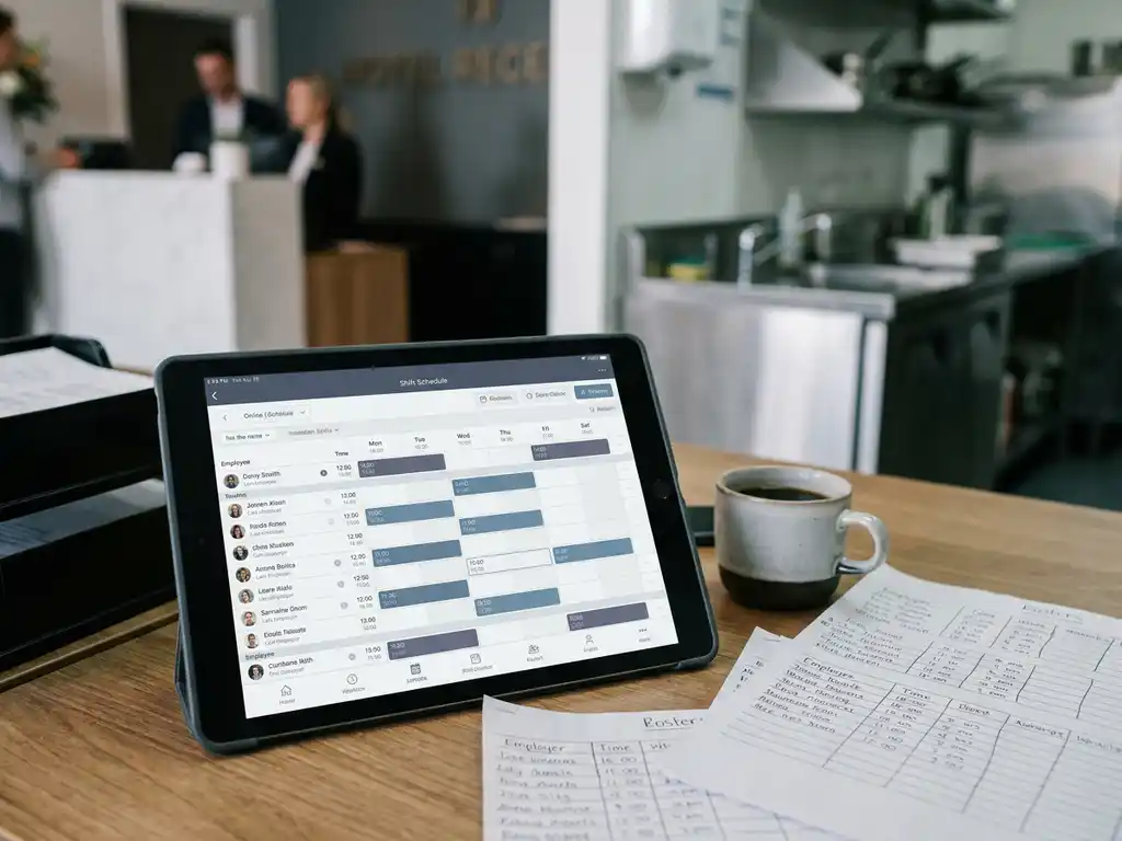 Tablet met digitaal dienstroosters op kantoorbureau, verkreukeld papieren rooster en koud kopje koffie op de achtergrond.