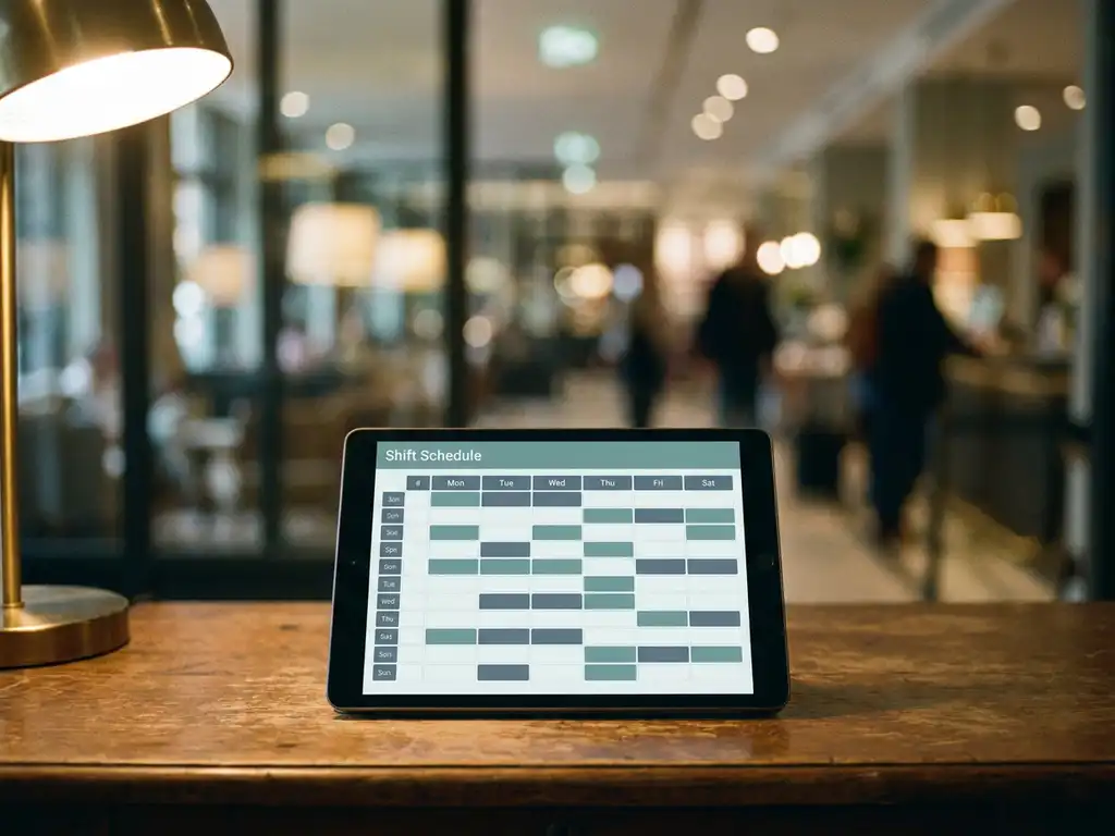 Tablet met digitaal dienstroooster op donker bureau, hotelreceptie zichtbaar op de achtergrond.
