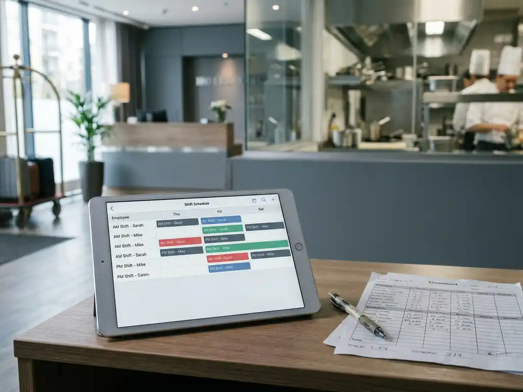 Tablet met digitaal dienstroster op bureaubureau, pen en papieren urenstaat op de voorgrond, hotelreceptie op de achtergrond.