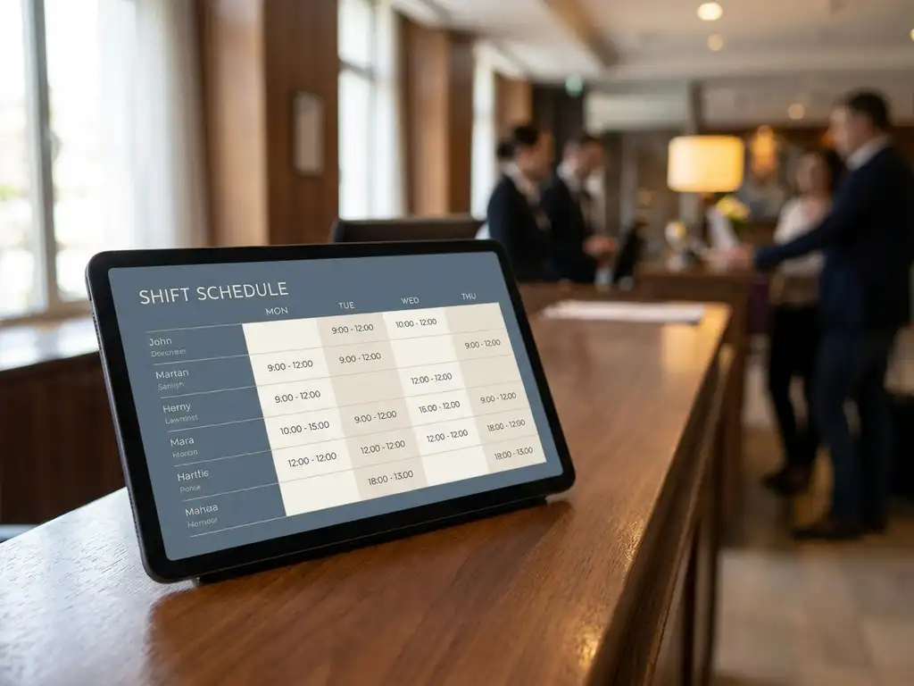 Tablet met digitaal dienstrooster op balie van hotelreceptie, zachte natuurlijke belichting en onscherpe achtergrond.