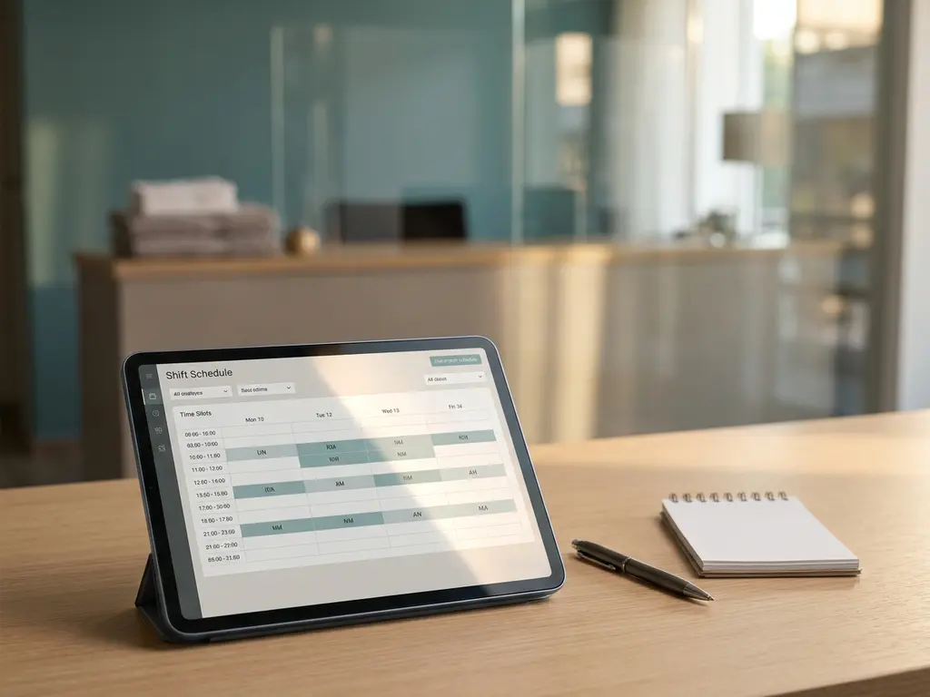 Tablet met digitaal dienstroooster op een nette back-office tafel, met een hotelreceptie op de achtergrond.