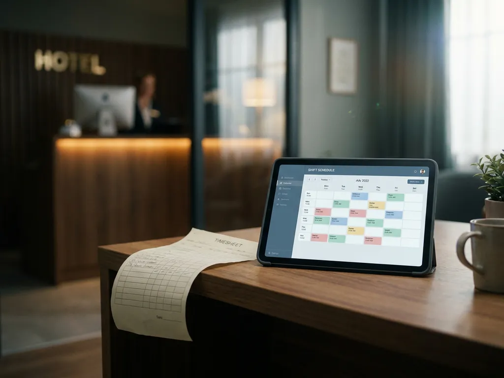 Tablet met digitaal dienstroooster op een bureautje, vervaagde hotelreceptie op de achtergrond, verkreukeld papieren rooster op bureaurand.