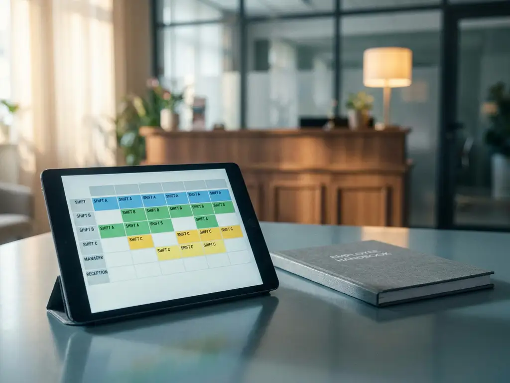 Tablet met kleurgecodeerd digitaal rooster op bureaublad, vervaagde hotelreceptie op achtergrond, personeelshandboek ernaast.