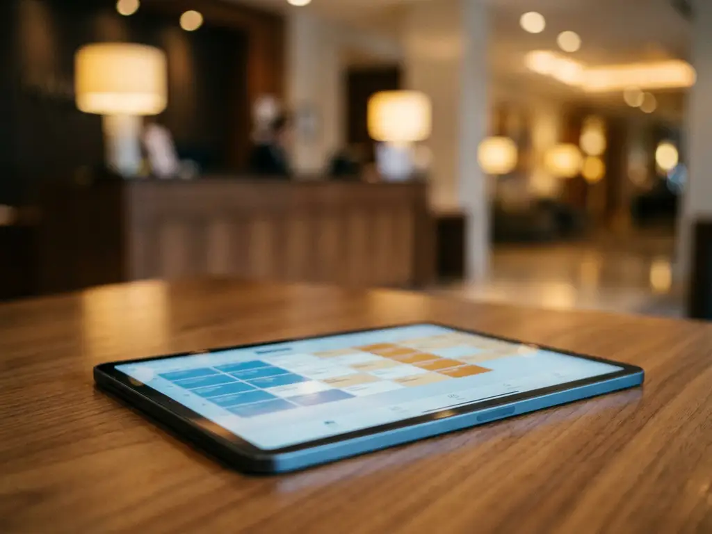 Tablet met kleurgecodeerd digitaal dienstroooster op hotelkantoorbureau, met onscherpe receptie op de achtergrond.