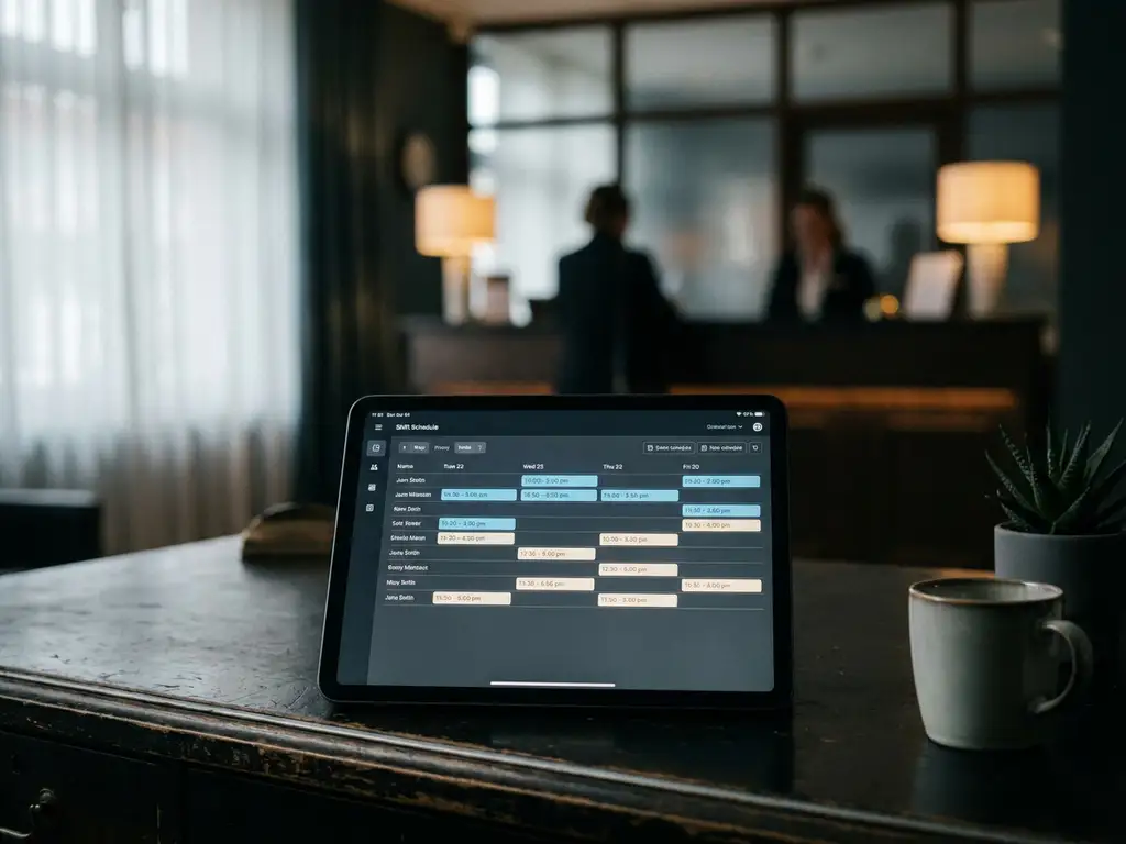 Tablet met digitaal dienstroooster op donker bureau, met wazig hotelreceptie op de achtergrond.
