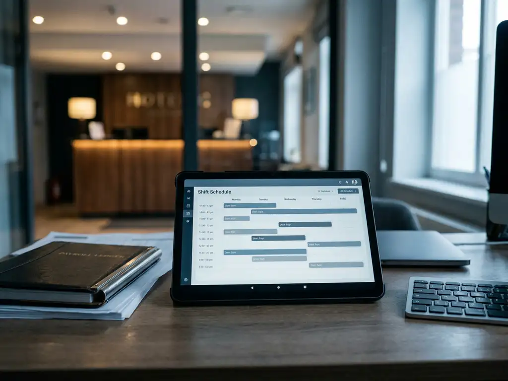 Tablet met digitaal dienstroosters op kantoorbureau, salarisadministratie en toetsenbord op de achtergrond, hotelreceptie zichtbaar.