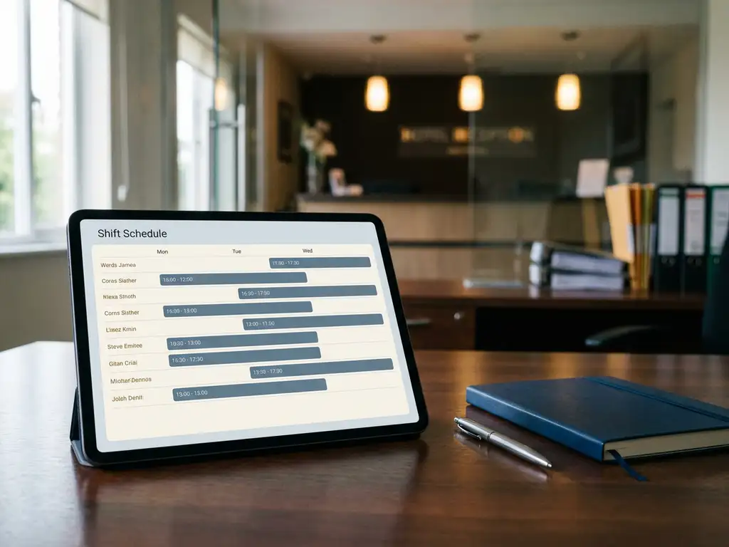 Tablet met digitaal dienstroooster op backoffice-bureau, hotelreceptie zichtbaar op de achtergrond, notitieboek en pen ernaast.