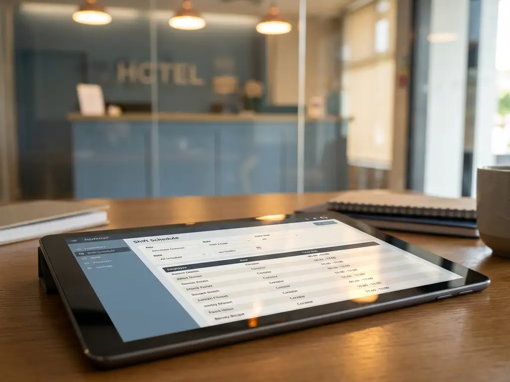 Tablet met digitaal dienstroster op een hotelkantoorbureau, met een onscherpe receptiebalie op de achtergrond.