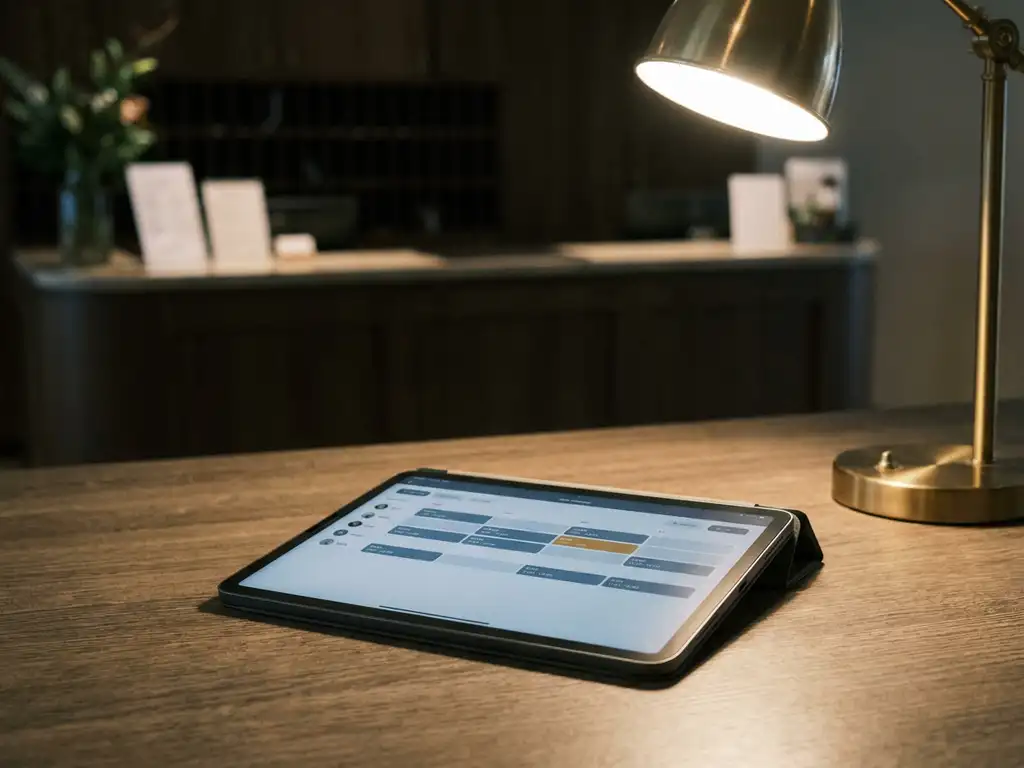 Tablet met digitaal dienstrooster op donker bureau, hotelreceptie zichtbaar op de achtergrond, warm bureaulampje verlicht het scherm.