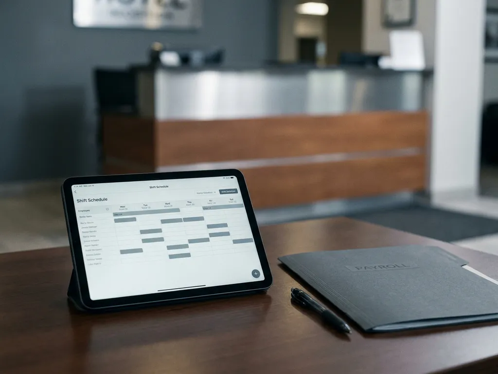 Tablet met digitaal dienstroosters op kantoorbureau, loonmapper en pen ernaast, hotelreceptie op de achtergrond.