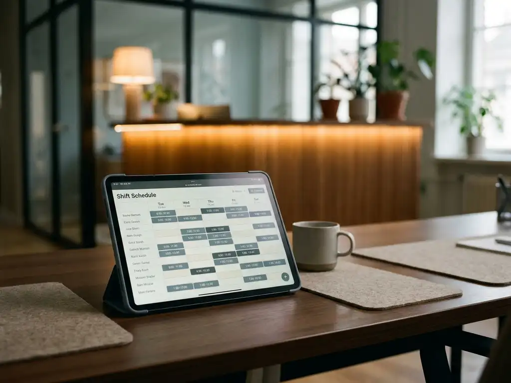 Tablet met digitaal dienstroosters op een bureau in een hotelkantoor, met een vage receptiebalie op de achtergrond.