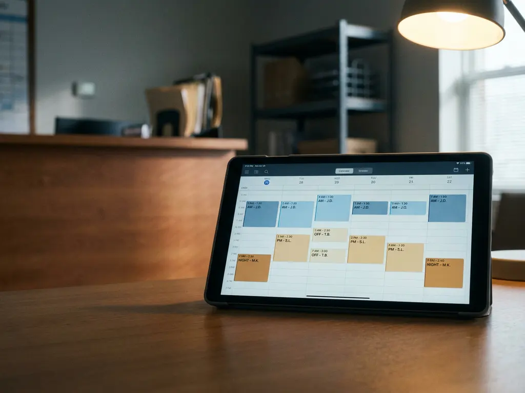 Tablet met kleurgecodeerd digitaal dienstrooster op hotelkantoorbureau, met onscherpe receptiebalie op de achtergrond.
