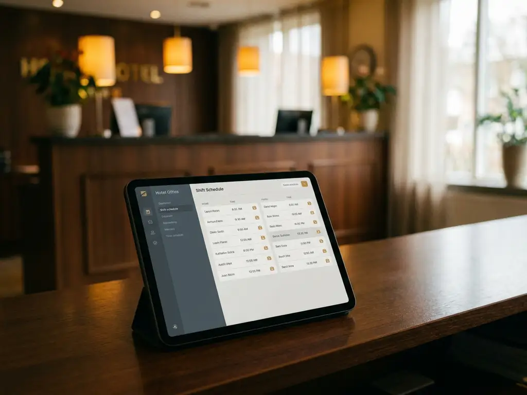 Tablet met digitaal dienstroooster op bureau, met wazig hotelreceptie op de achtergrond, professionele sfeer.