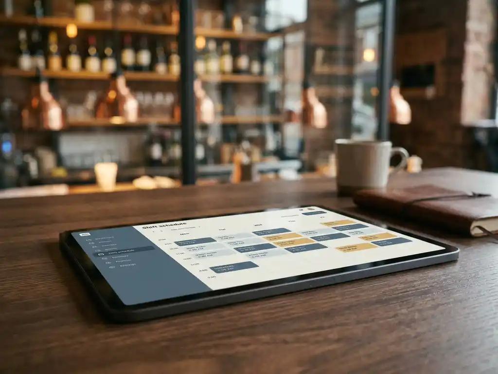 Tablet met digitaal dienstroooster op donker houten bureau in restaurantbackoffice, warme achtergrondverlichting.