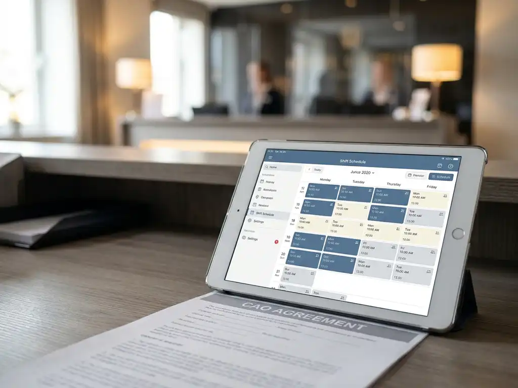 Tablet met digitaal kleurgecodeerd rooster op bureaublad, gedrukt CAO-document eronder, hotelreceptie op de achtergrond.