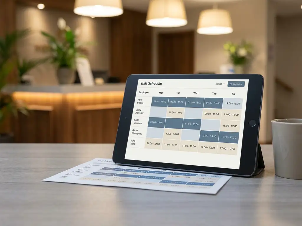 Tablet met digitaal dienstroooster op kantoorbureau, gedrukt werkrooster eronder, hotelreceptie zichtbaar op de achtergrond.