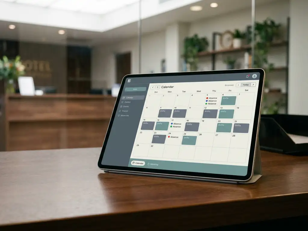 Tablet met digitale dienstrooster en gekleurde afwezigheidsindicatoren op een bureau in een hotel- of restaurantomgeving.
