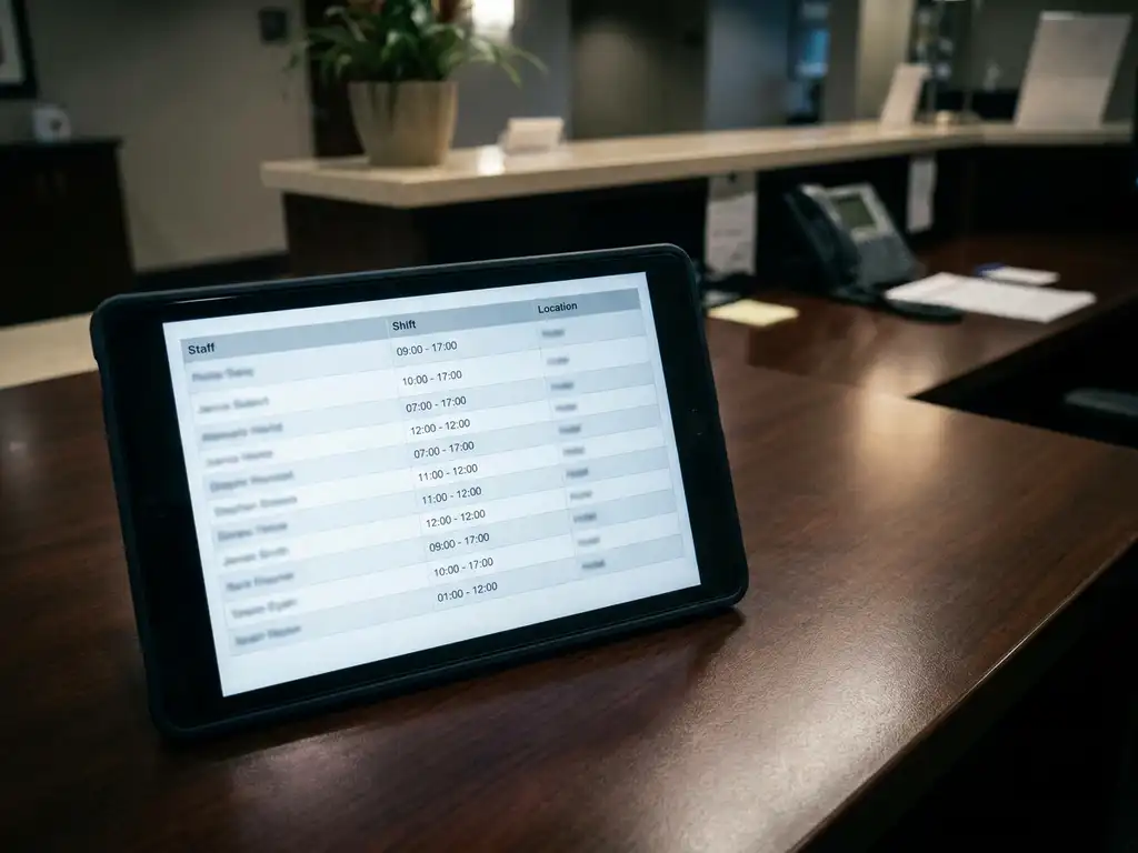 Tablet met digitaal dienstroosters op een kantoorbureau, met een onscherpe hotelreceptie op de achtergrond.