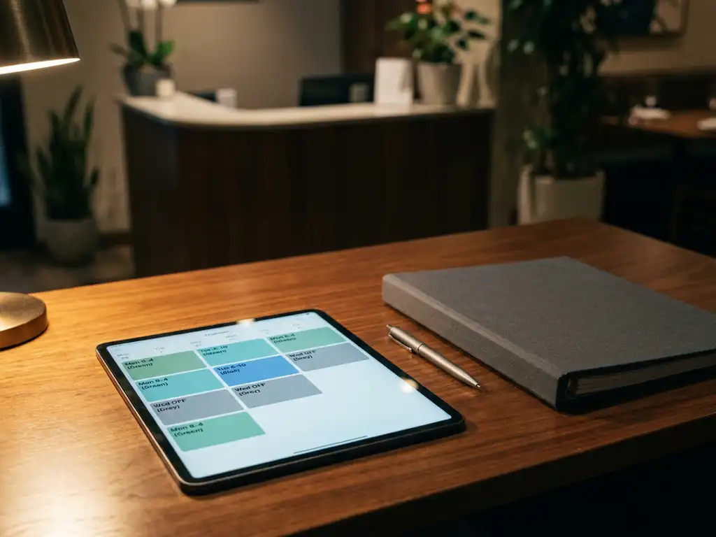 Tablet met kleurgecodeerd digitaal rooster op kantoorbureau, naast gesloten ordner en pen, restaurantreceptie op achtergrond.