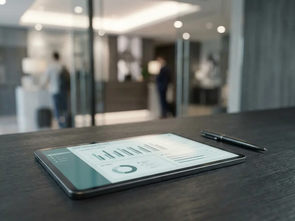 Tablet met digitaal beoordelingsdashboard op een bureau, met een vage hotelreceptie op de achtergrond en een pen ernaast.