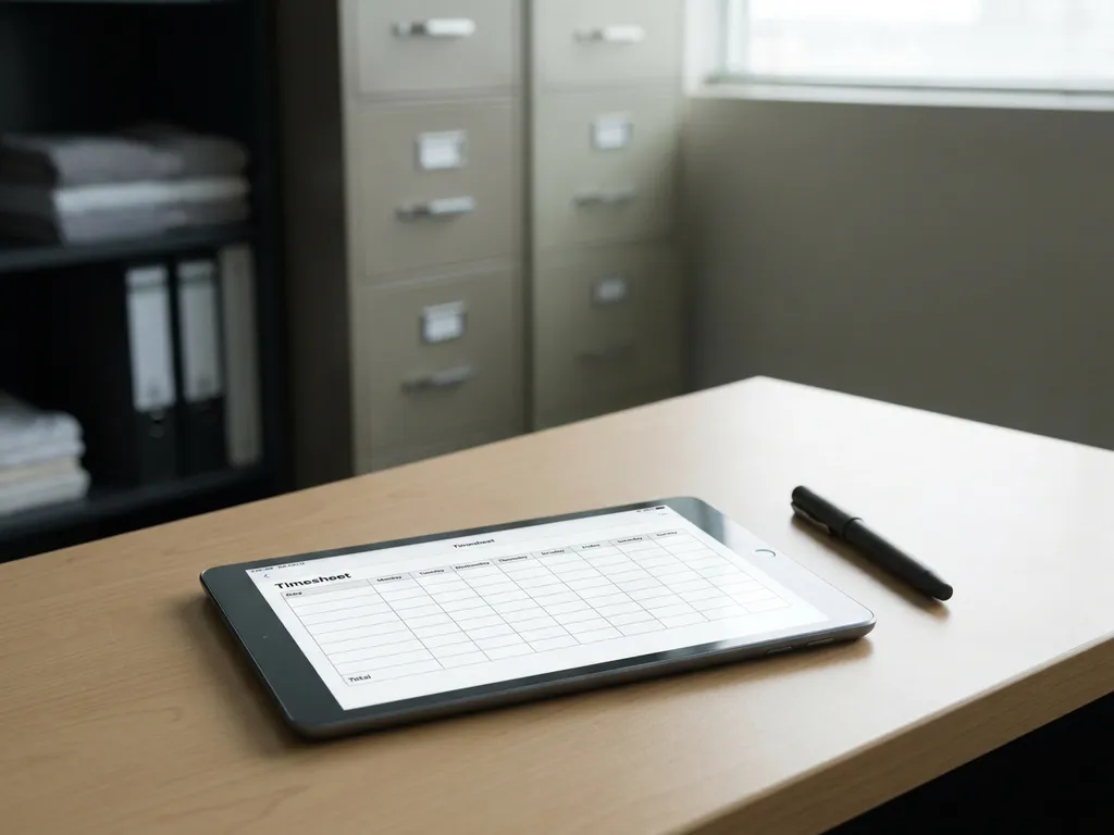 Tablet met digitaal urenstaat-rooster op een opgeruimd hotelkantoorbureau, met pen, archiefkasten en receptieschappen op de achtergrond.