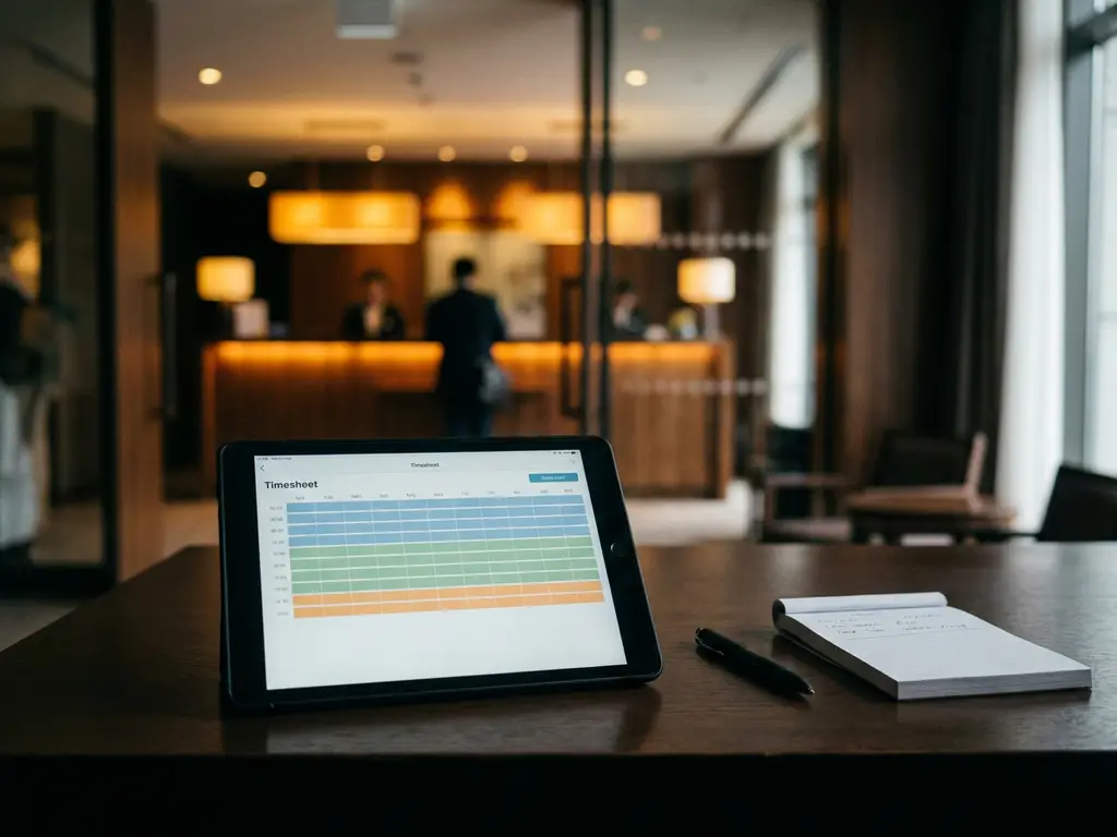 Tablet met digitaal urenstaat en kleurgecodeerde projectrijen op bureau, met wazig hotelreceptie op achtergrond.