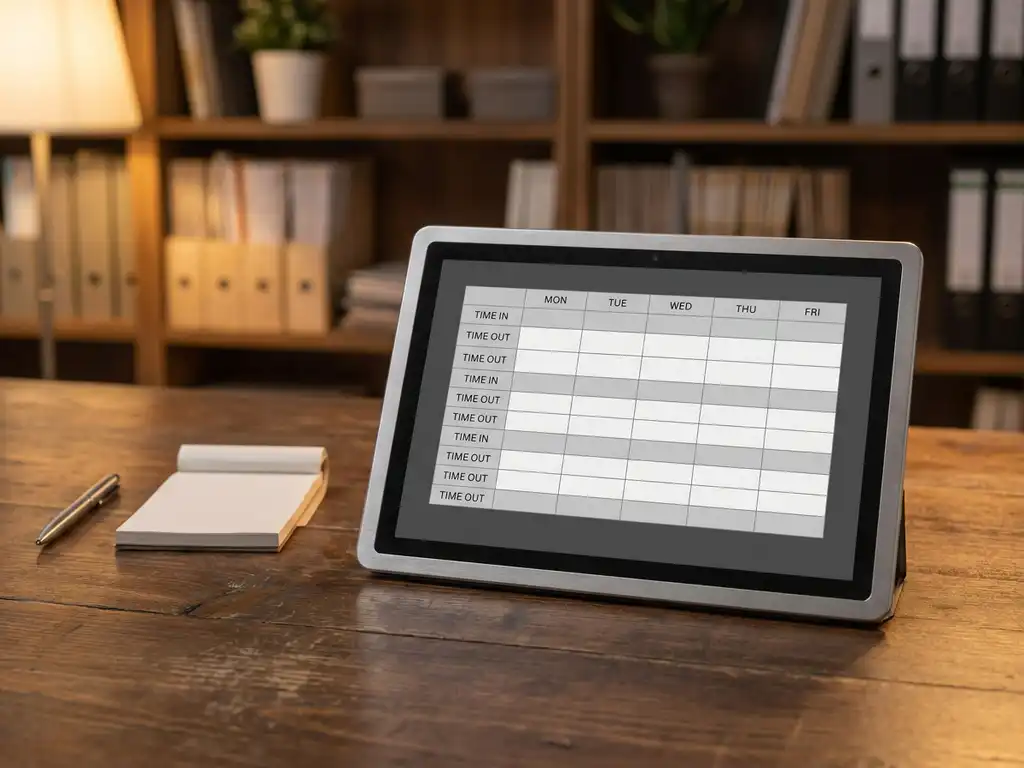 Tablet met digitaal urenstaat-rooster op houten bureau in hotelkantoor, pen en notitieblok ernaast, warm amberkleurig licht.