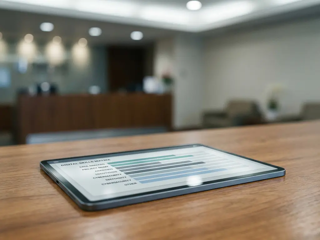 Tablet met kleurgecodeerde digitale vaardighedenmatrix op bureau in hotelbackoffice, receptie zichtbaar op achtergrond.