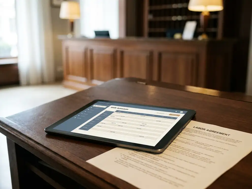 Tablet met digitaal dienstroooster op kantoorbureau, gedrukt arbeidsovereenkomst eronder, onscherpe hotelreceptie op achtergrond.