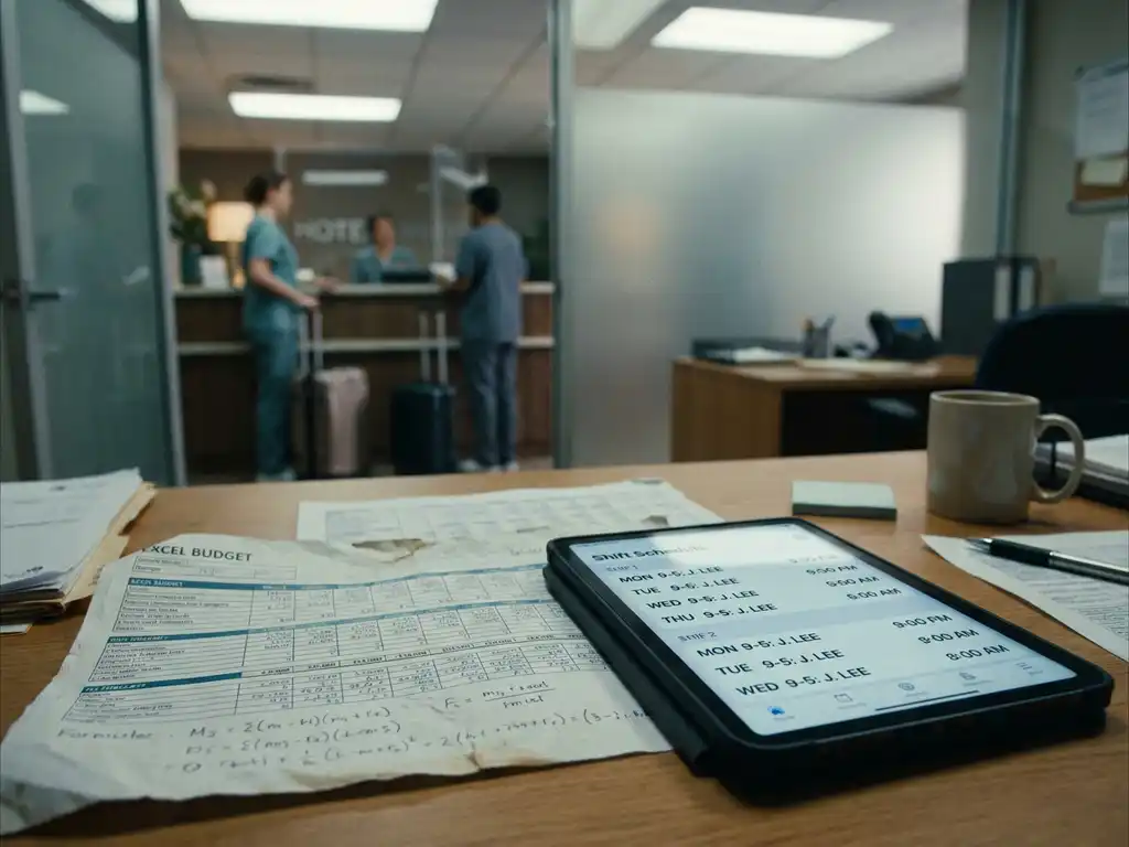 Verfrommeld Excel-rooster op een bureaulade, met een tablet met digitale dienststaat erop, hotelreceptie zichtbaar op de achtergrond.