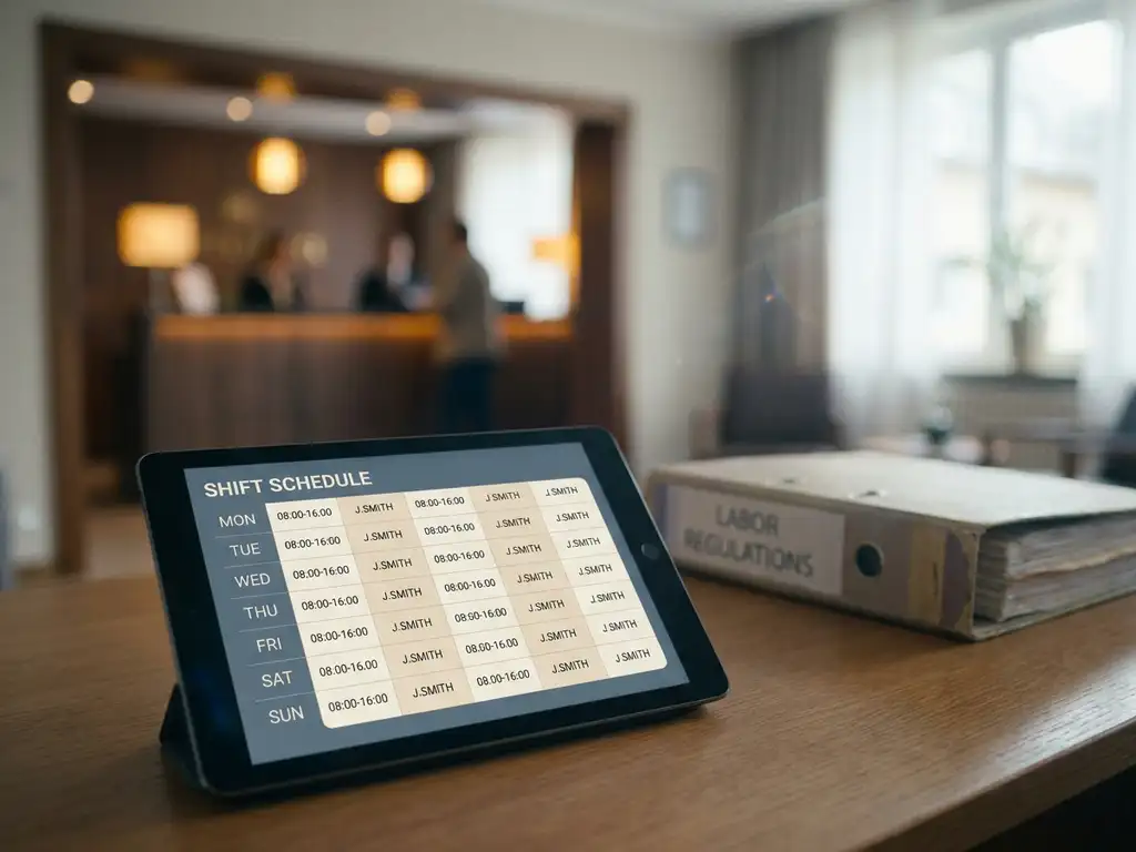Tablet met digitaal dienstroster op kantoorbureau, onscherpe arbeidswetgeving ordner en hotelreceptie op achtergrond.