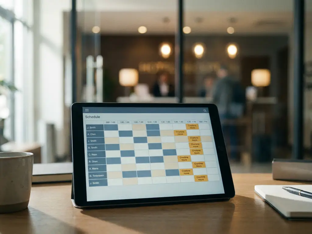 Tablet met kleurgecodeerd digitaal dienstroooster op bureautafel, met amberkleurige overwerkblokken en hotelreceptie op de achtergrond.