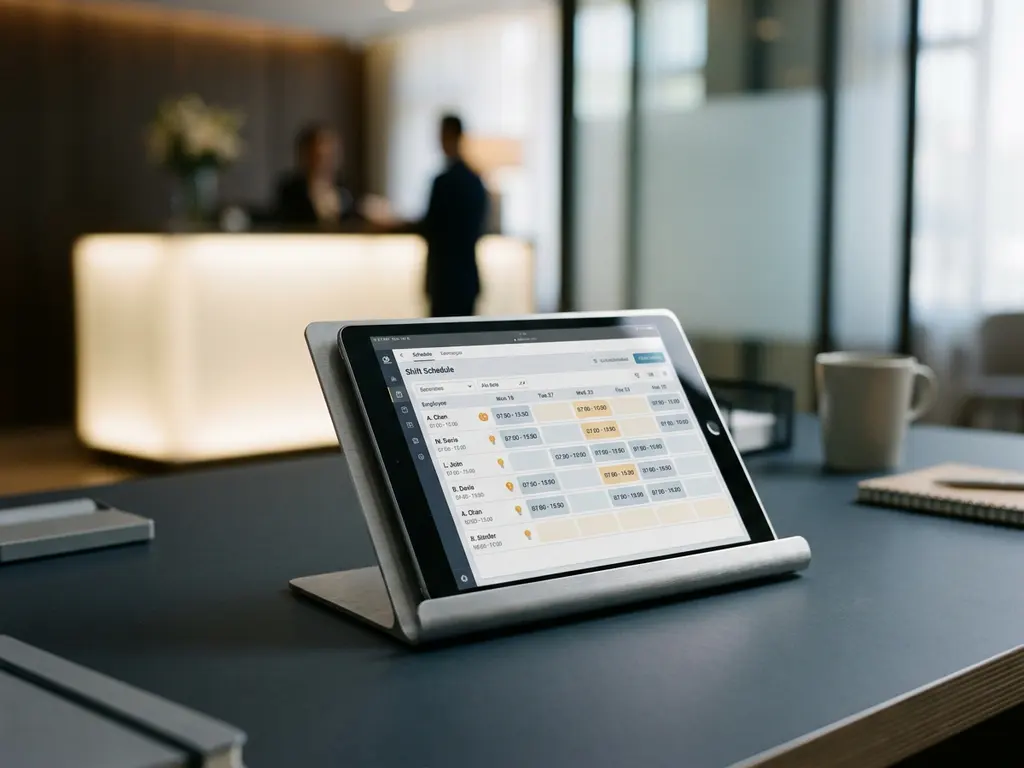 Tablet met digitaal dienstroosters op backoffice-bureau, hotelreceptie zichtbaar op de achtergrond, professionele sfeer.