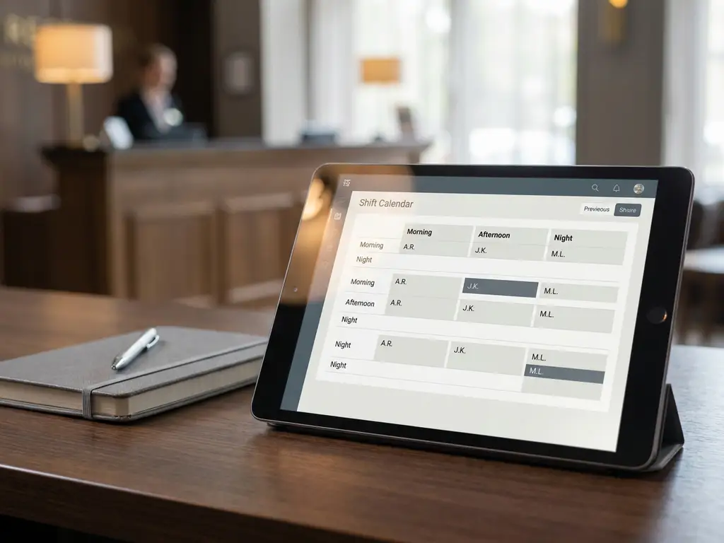 Tablet met digitaal dienstroosters op een kantoorbureau, met een wazig hotelreceptie op de achtergrond en een notitieboek ernaast.
