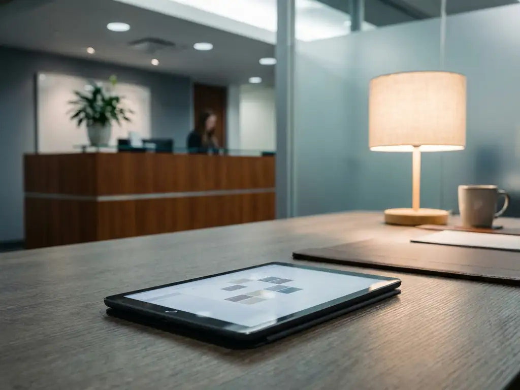 Tablet met digitaal trainingsrooster op bureautafel in hotelkantoor, receptiebalie zichtbaar op de achtergrond.
